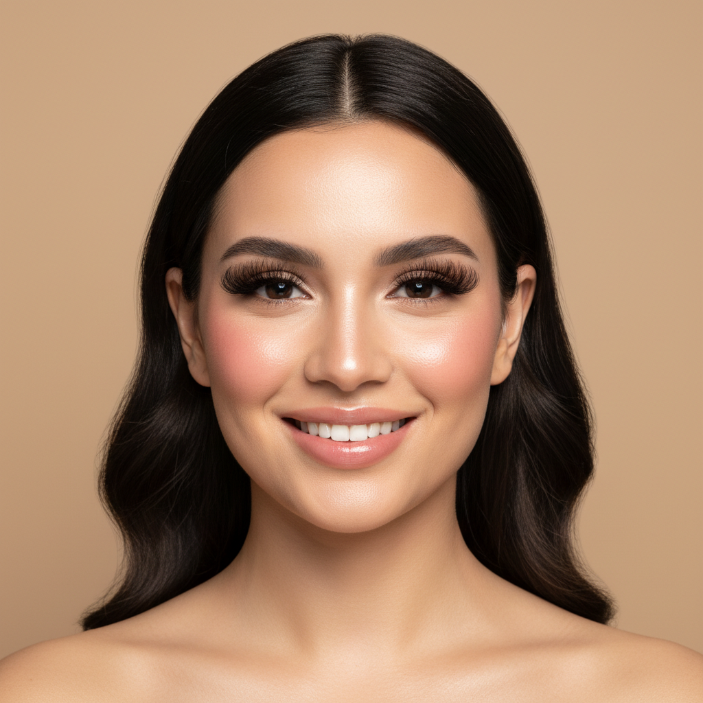 Fotografía frontal del rostro de una modelo sonriendo con look natural pero pestañas voluminosas. Fondo neutro. la imagen debe tener 1024x1024