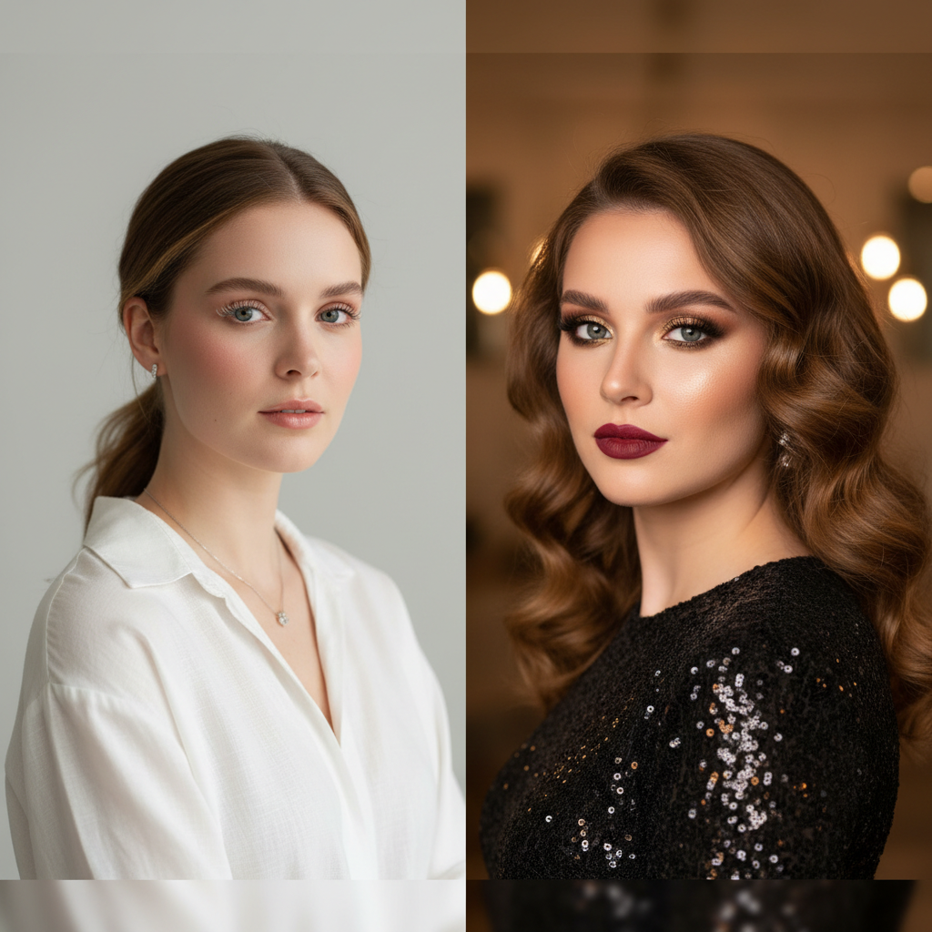 Montaje de dos fotos:
	•	Izquierda: chica de día con look natural, pestañas ligeras.
	•	Derecha: look de noche más intenso con iluminaciones suaves.
Sutileza visual que muestra versatilidad.
la imagen debe ser de 1024x1024